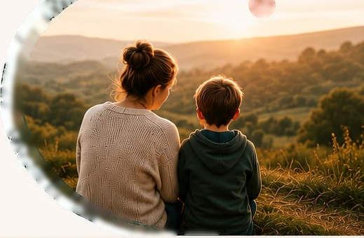 A parent and child sitting on a hillside, watching the sun set over open countryside